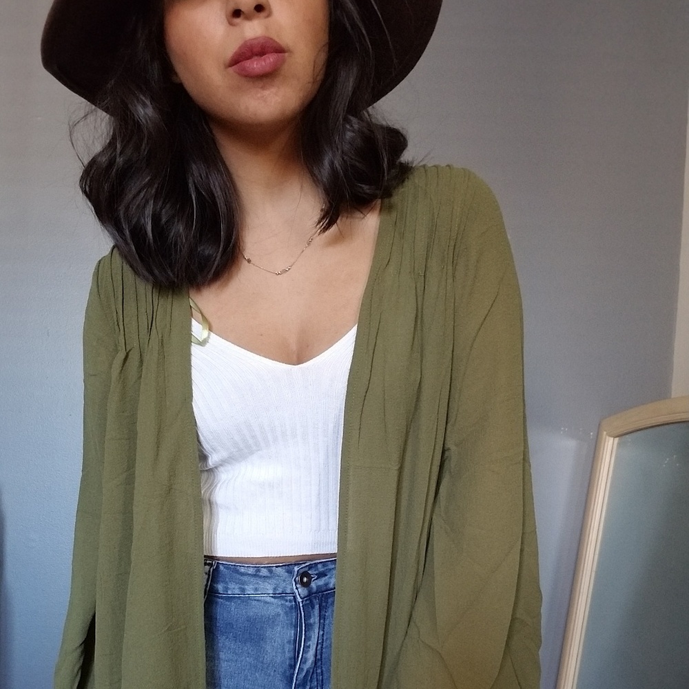 GOOD TO BE OLIVE GREEN RUFFLE CARDIGAN - Picture 2 of 6